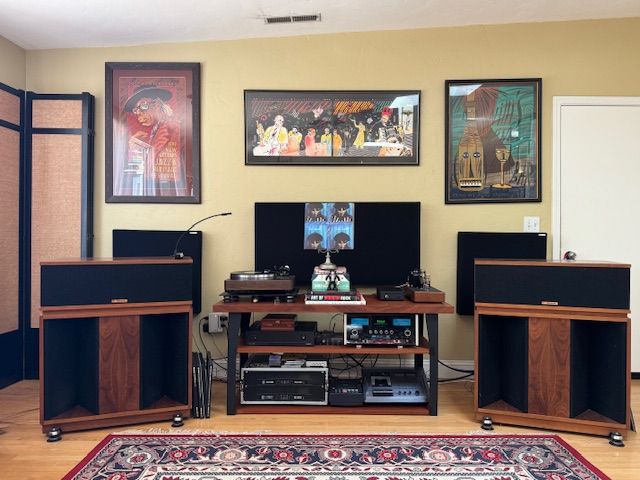 Most recent view from listening position with GIK bass traps and new(er) Decware Phono pre