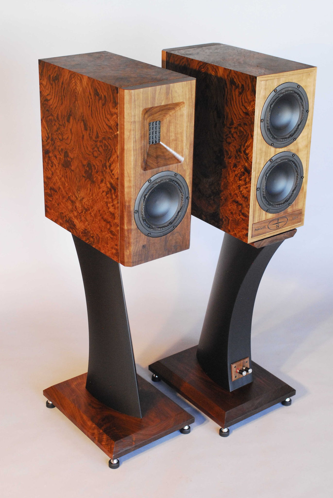 LS-6 pair burl walnut veneer front and rear views.