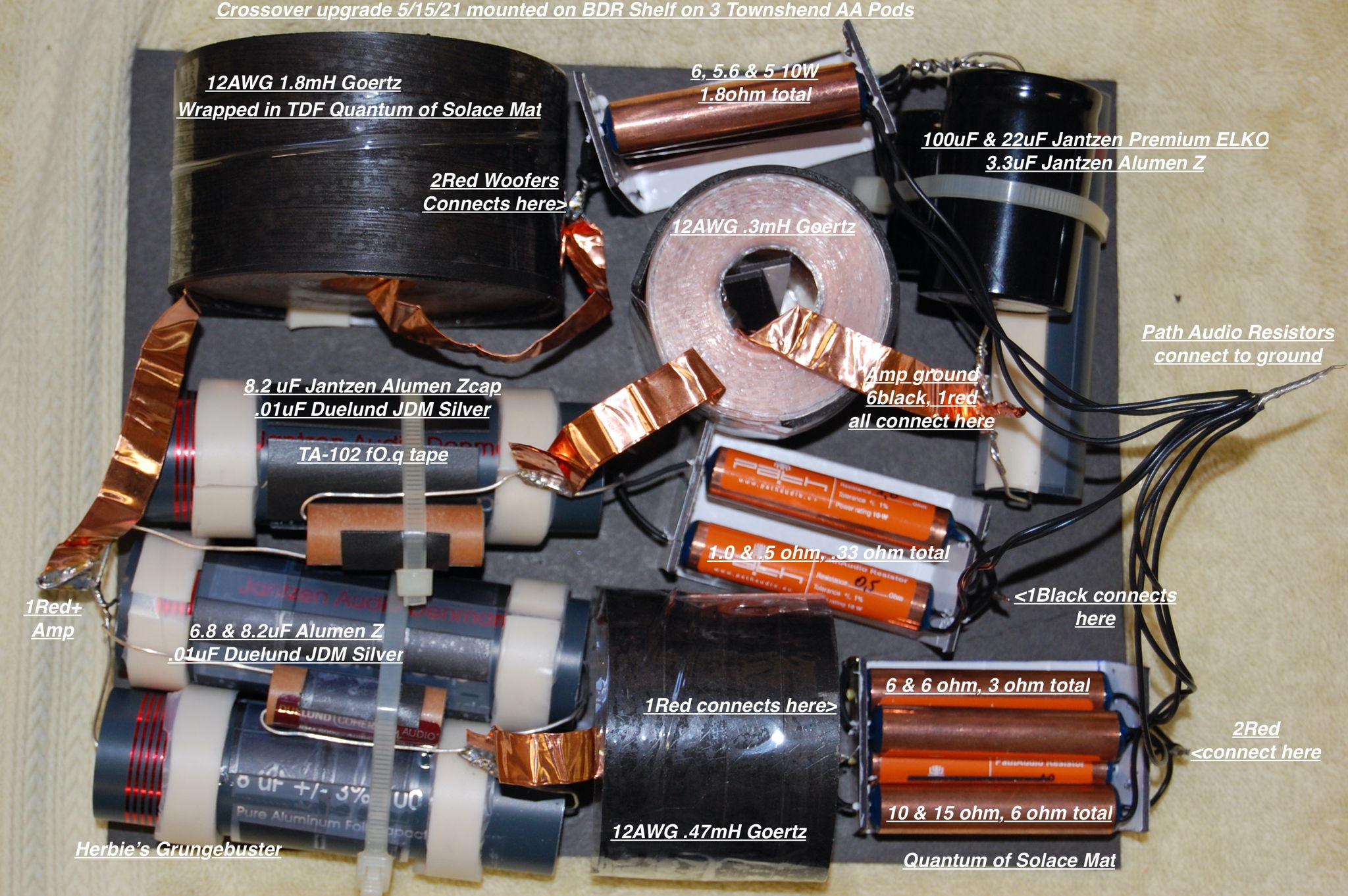 Crossover upgrade annotated with parts, values, and connections