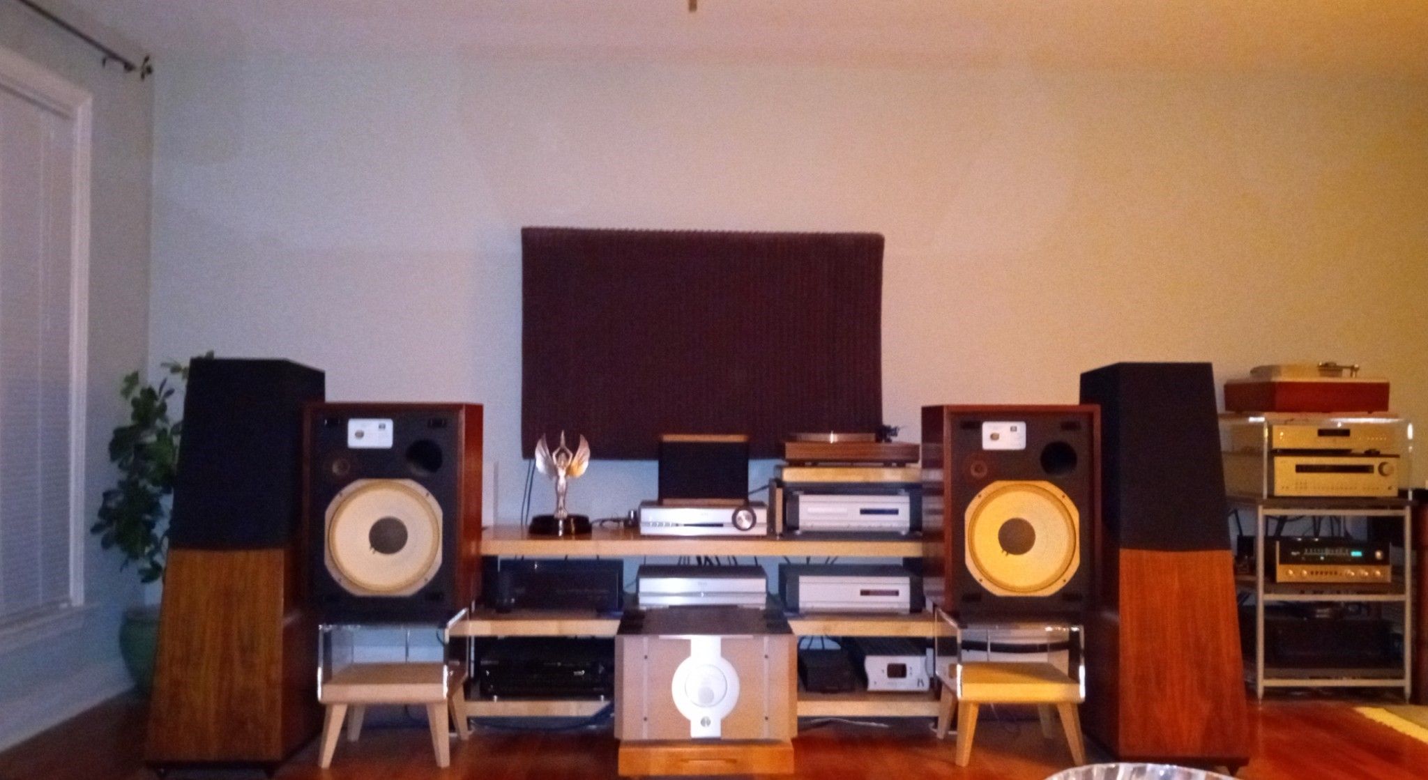 Added Vintage JBL Lancer L55 Speakers on custom made maple & acrylic stands, with Mcintosh 1700 receiver.