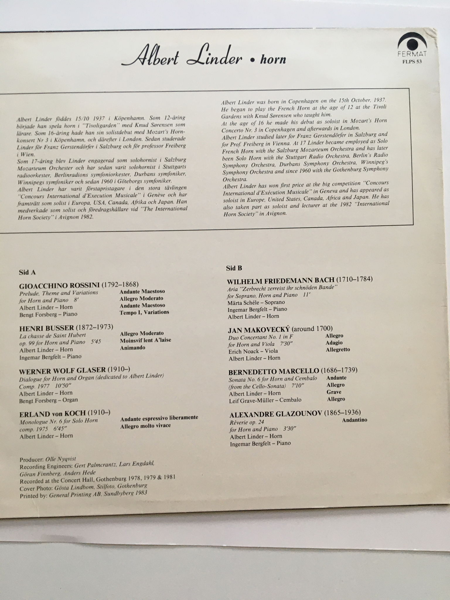 Albert Linder Horn Lp record Sweden 1983 Rossini Busser... 7