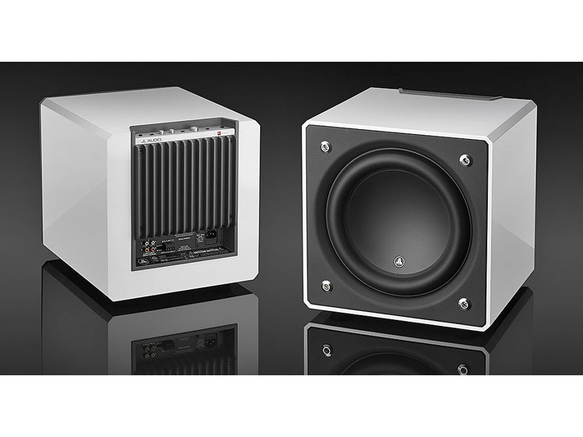 JL Audio E-110 in white with Scansonic MB-5B Ribbon Loudspeakers also in white.  Stunning system with stereo subs!