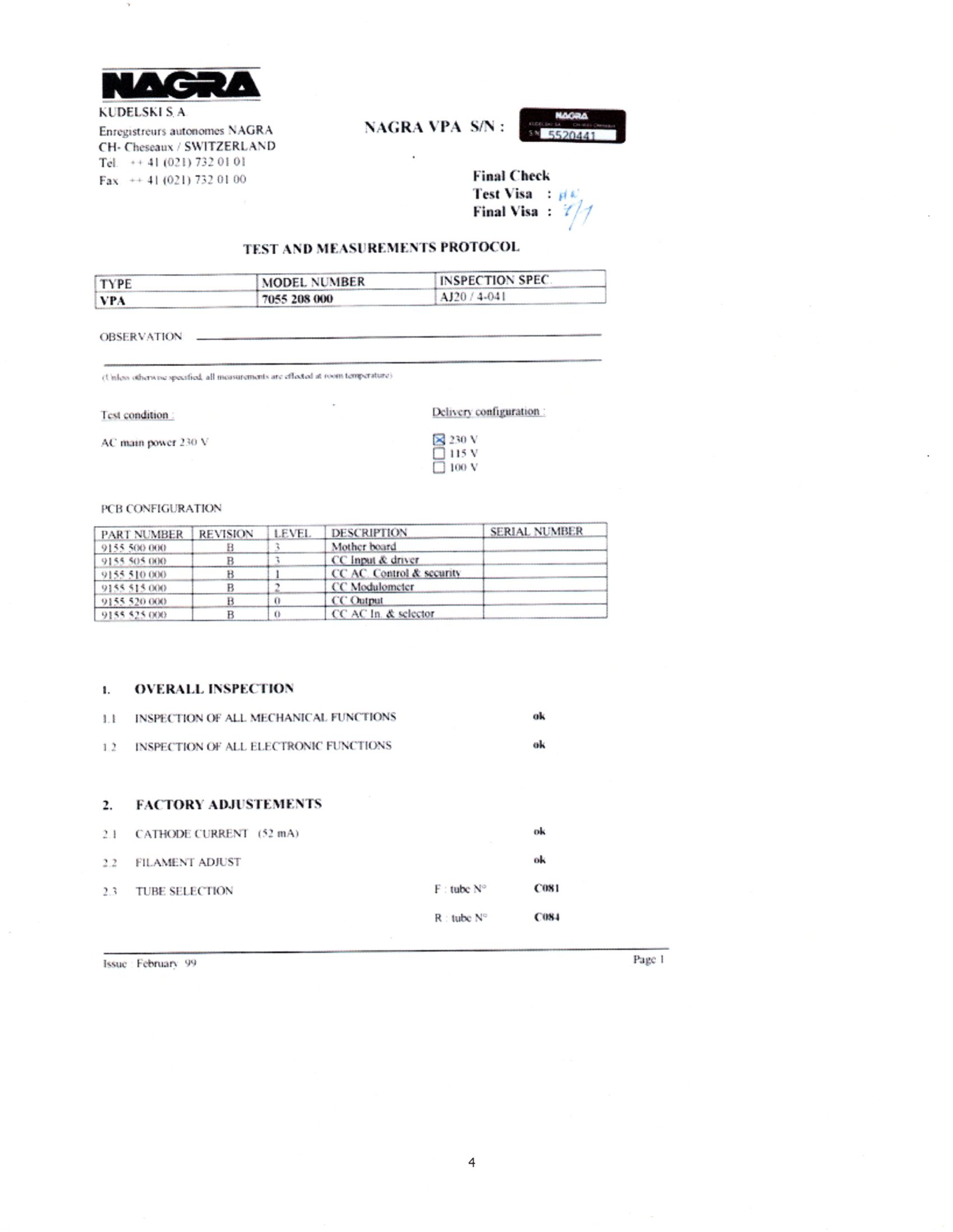 Nagra Switzerland VPA S/N 5520441 Page 1