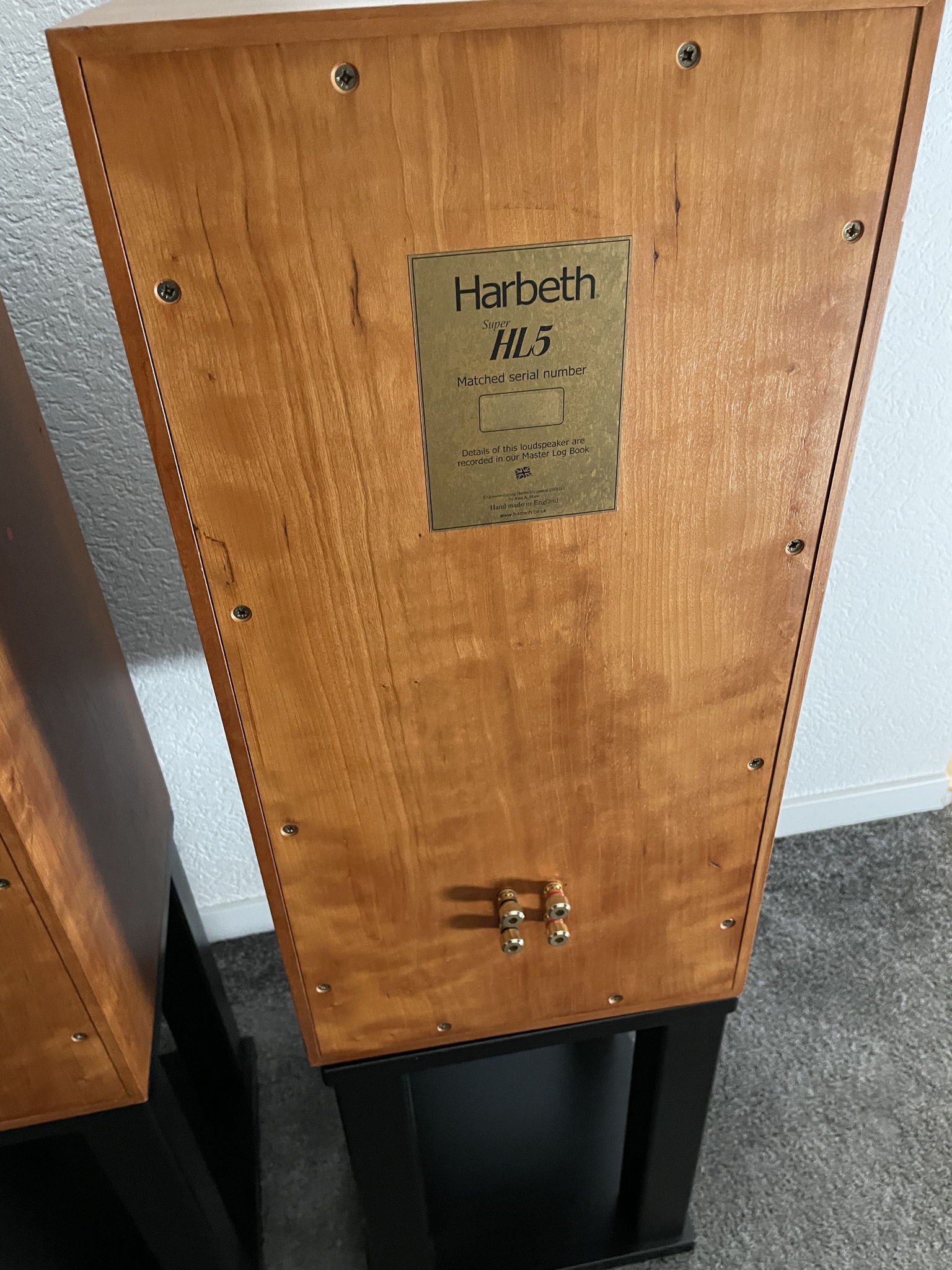 Harbeth Super HL5 speakers in cherry with stands 10