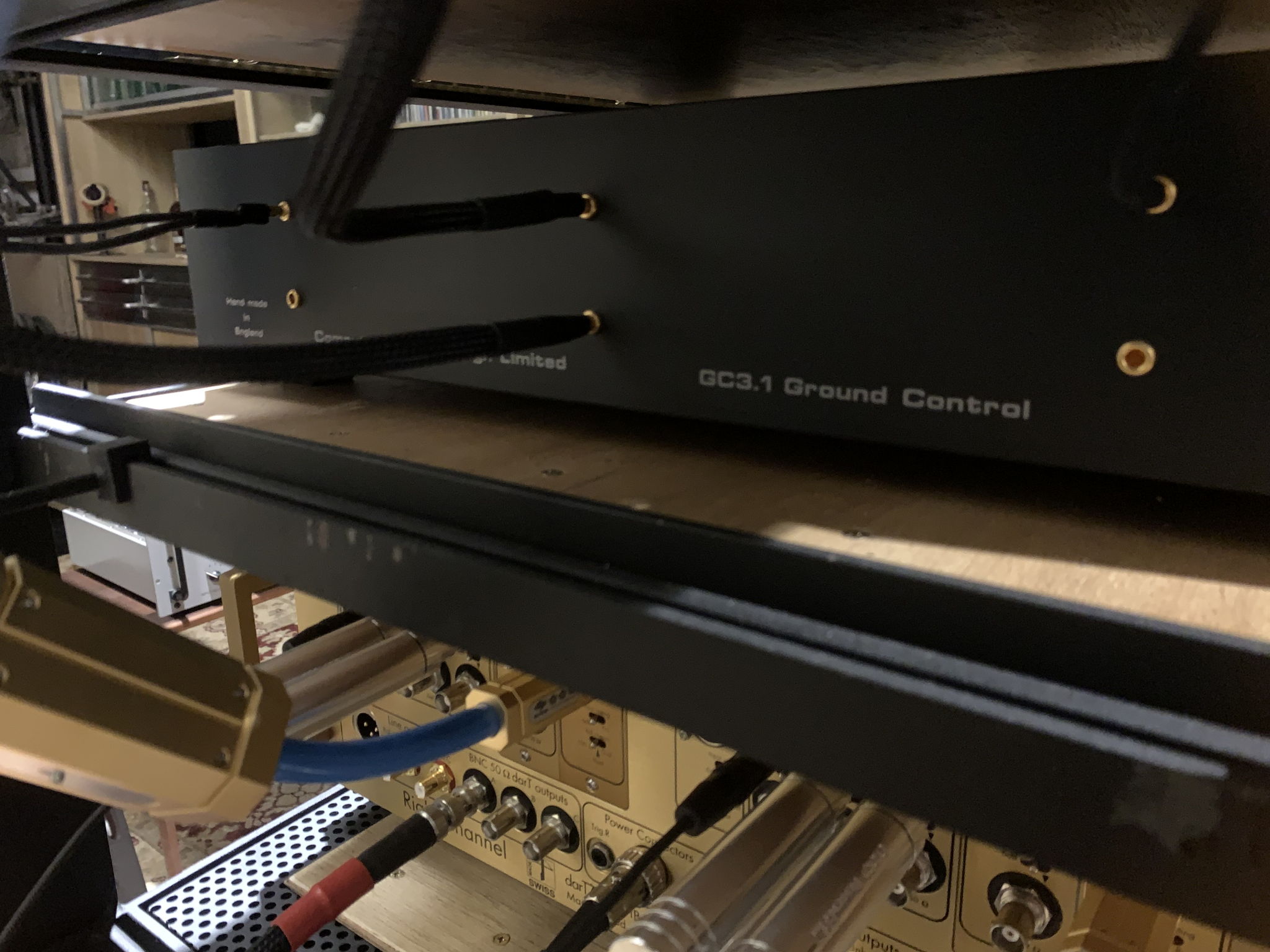 Mid tier shelf with CAD GC3.1 for earth grounds located between transport above and preamp below.