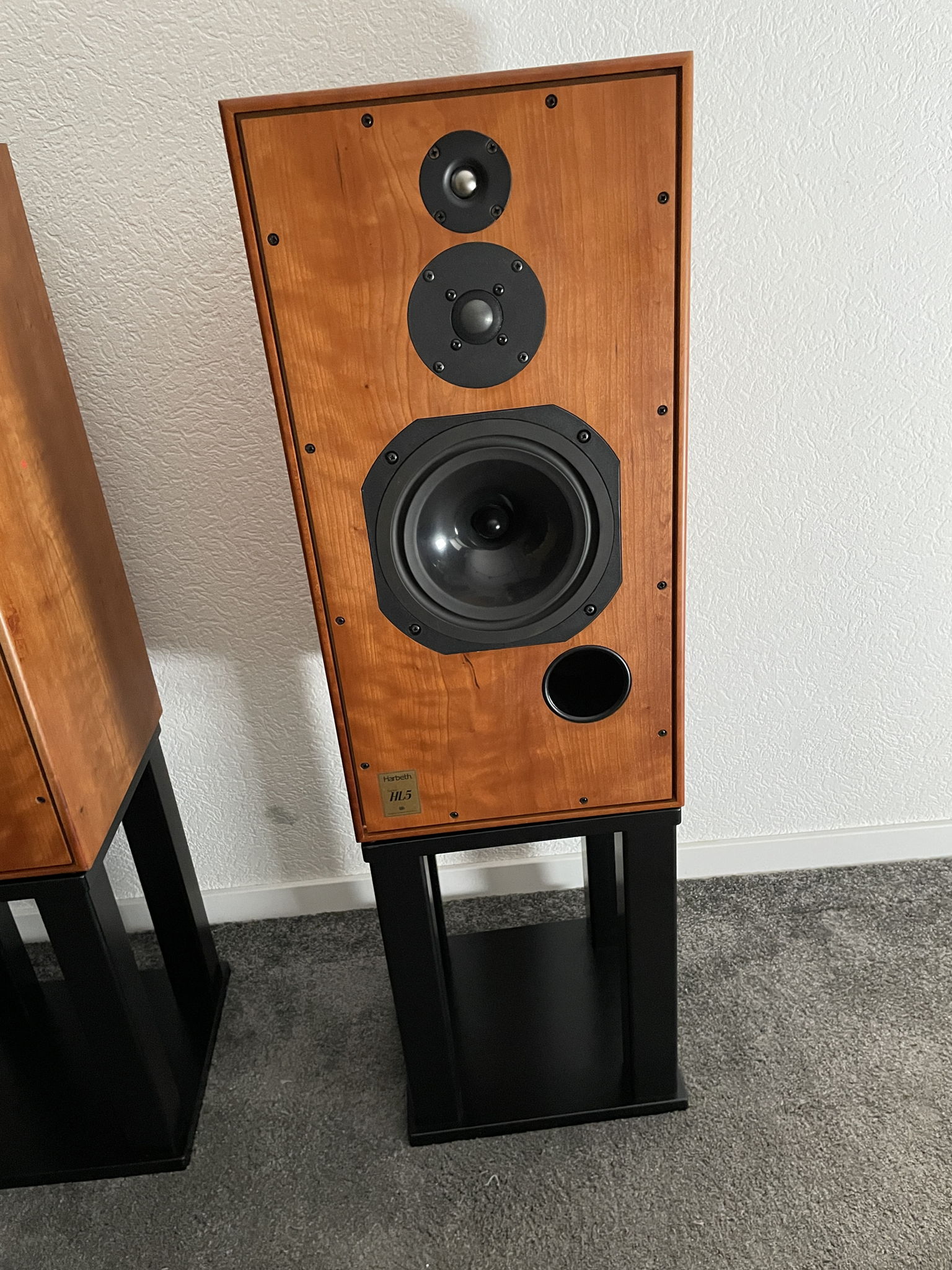 Harbeth Super HL5 speakers in cherry with stands 3